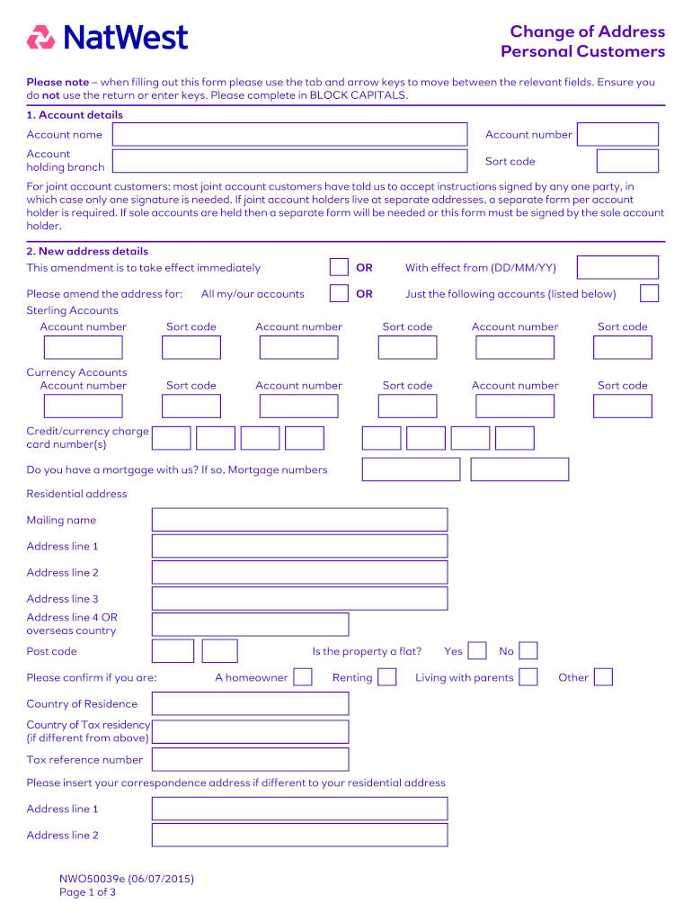 Natwest Change Address  Form