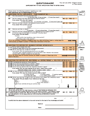 QUESTIONNAIRE Japan Visa Application Centre Bangkok Thailand  Form