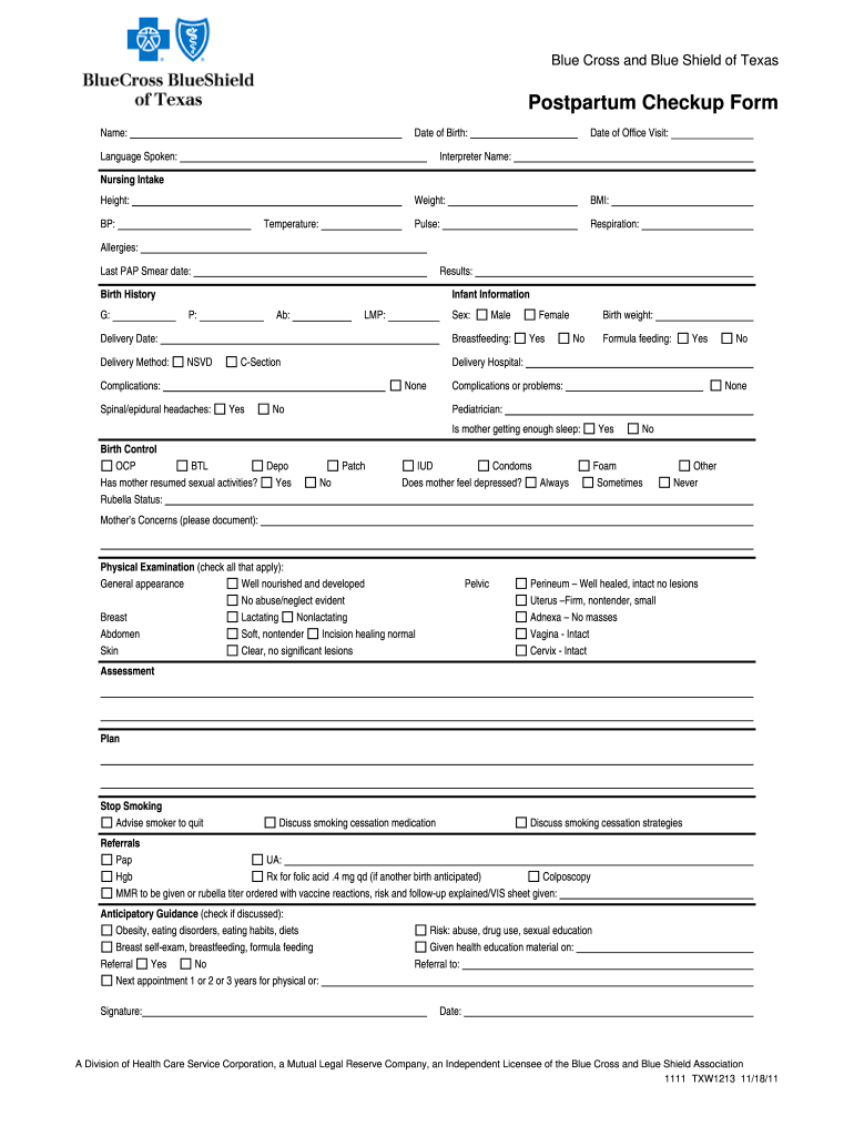 Postpartum Checkup Form BCBSTX Com 2011-2024