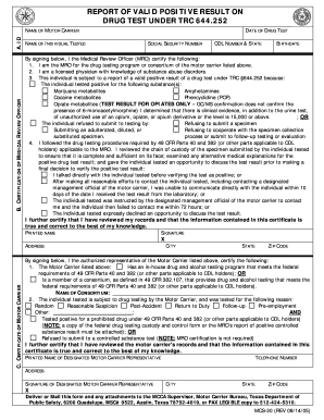 MCS 20 Report of Valid Positive Result on Drug Test under  Form