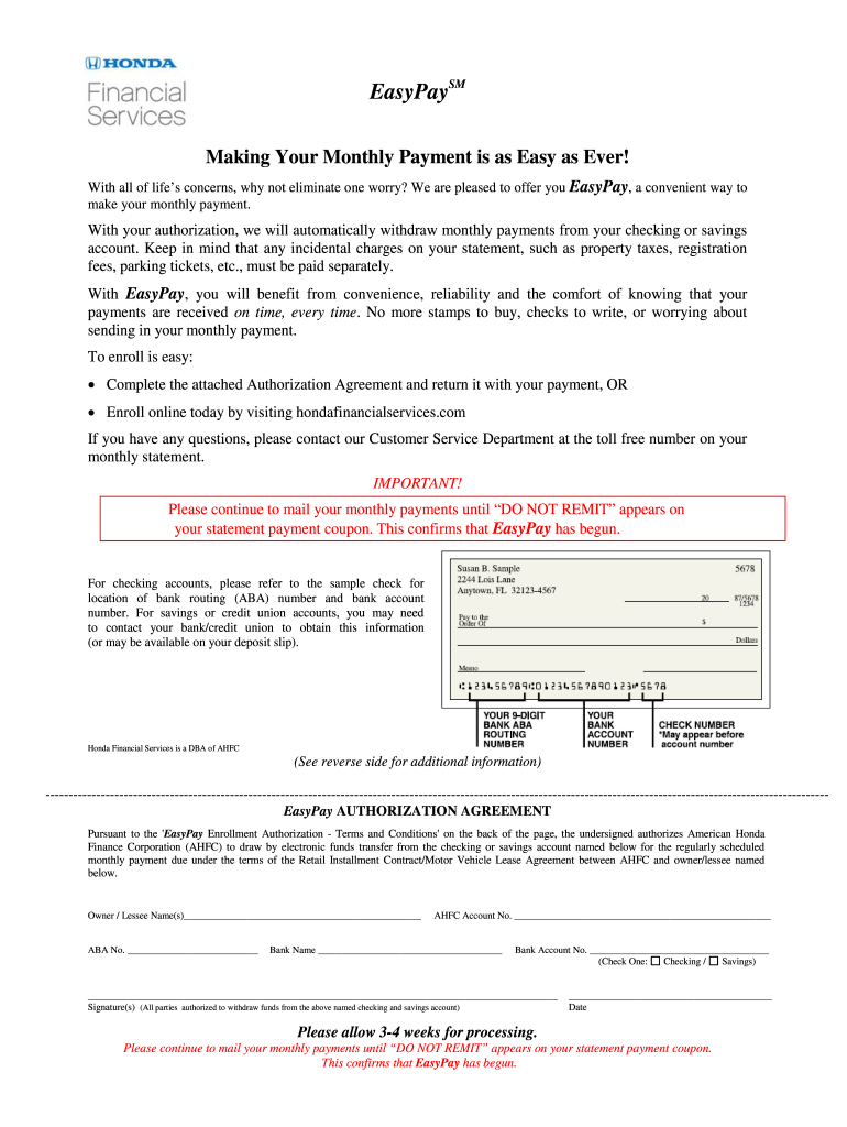 Get and Sign EasyPay Enrollment Form Honda Financial Services 2015