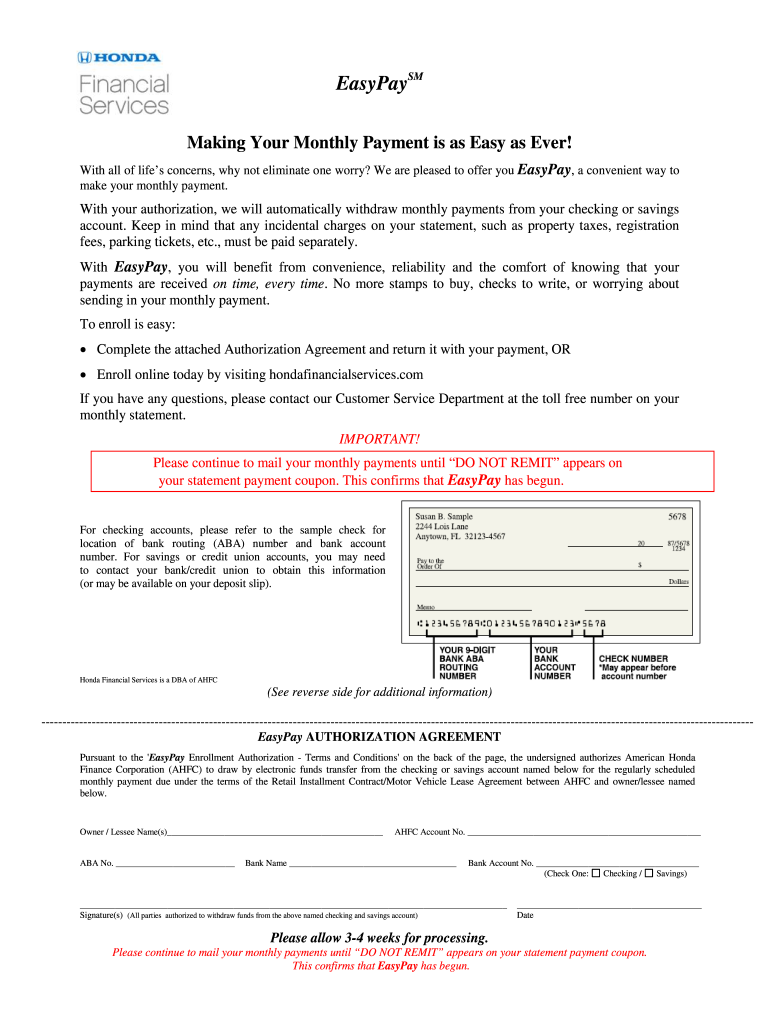  EasyPay Enrollment Form Honda Financial Services 2015