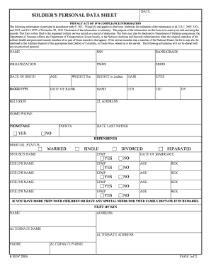 Soldier Personal Data Sheet  Form