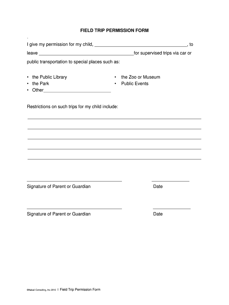 Daycare Field Trip Permission Slip  Form