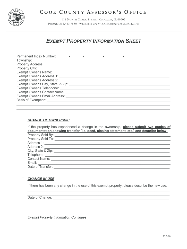 Get and Sign Exempt Property Information Sheet  Cook County Assessor&#39;s Office 2010-2022