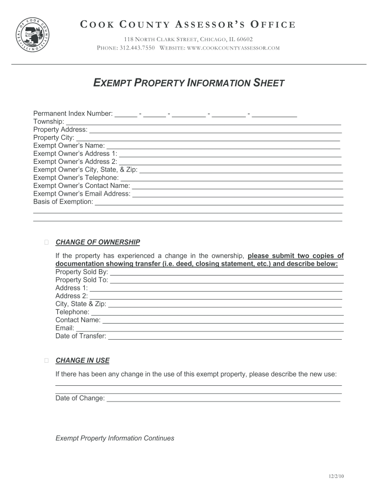 Exempt Property Ination Sheet Cook County Assessor 20102024 Form