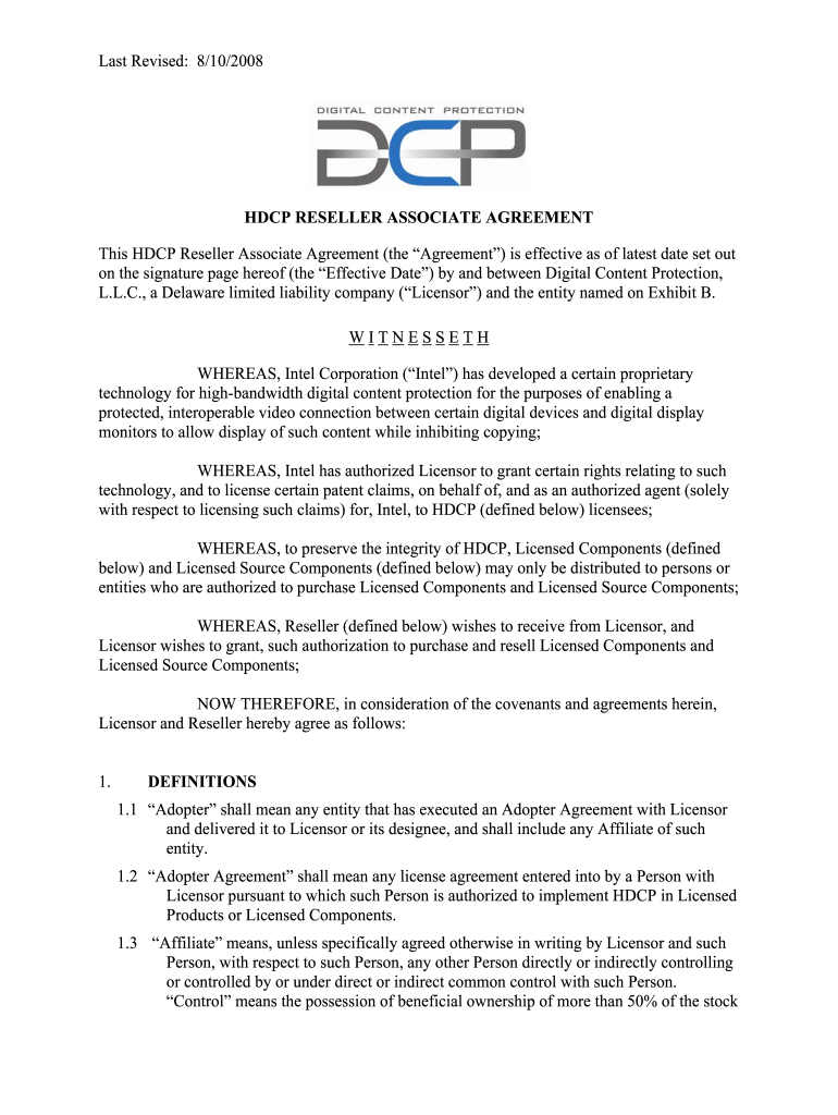  HDCP Reseller Associate Agreement Digital Content Protection LLC 2008