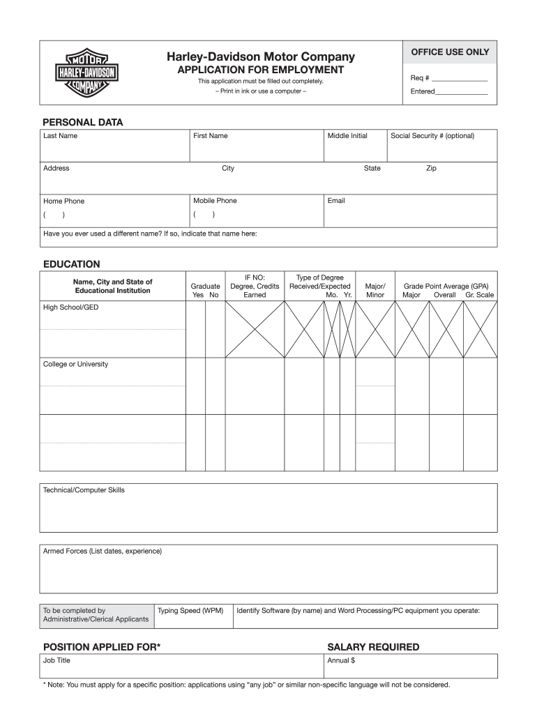 Employment Application Form  Harley Davidson