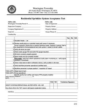 Sprinkler System Acceptance Form