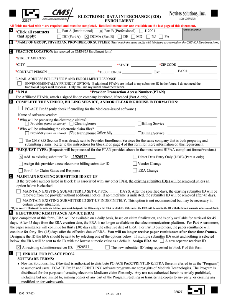  Electronic Data Interchange EDI Enrollment 8292 Form Office Ally 2012