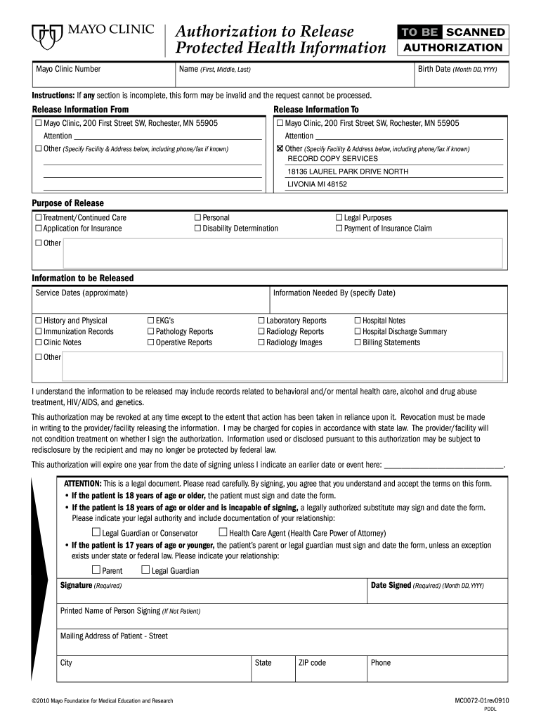 Authorization to Release Protected Health Information  MC0072 01 Authorization Release Protected Health Information  Authoriz