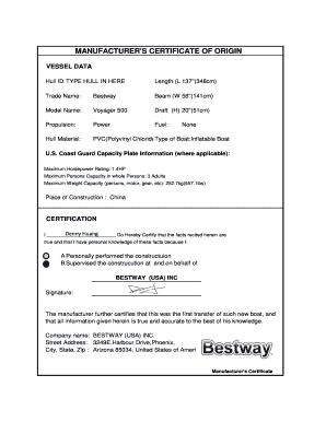 MANUFACTURERS CERTIFICATE of ORIGIN Bestway Service  Form