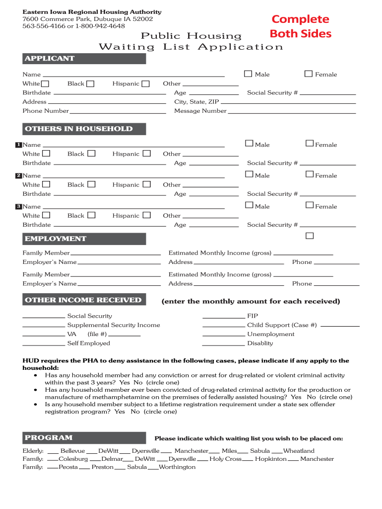 Waiting List Application Public Housing 5 09pmd Easterniowaregionalhousing  Form