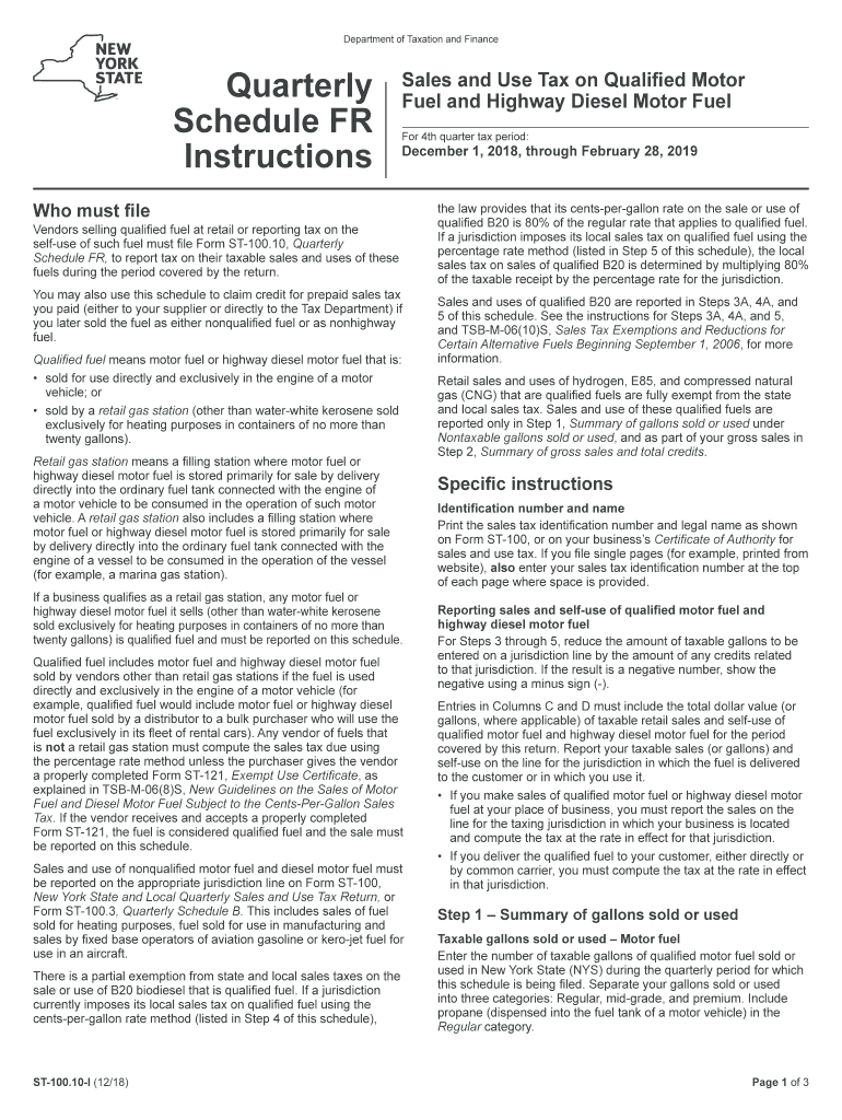  Form ST 100 10 I1215Quarterly Schedule Fr Instructions  Sales and Use Tax on Quailifed Motor Fuel and Diesel Motor Fuel St1 2018