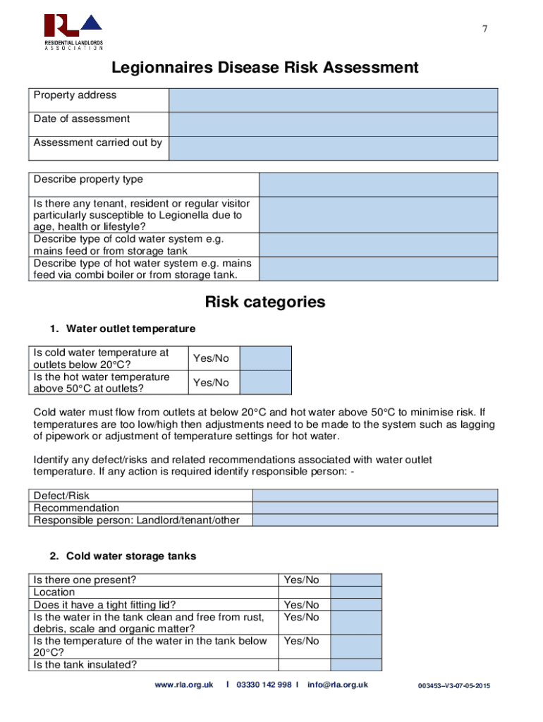 Legionella Risk Assessment Template Word  Form