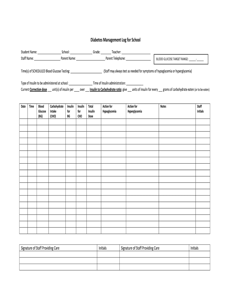 Diabetes Management Log for School  Form