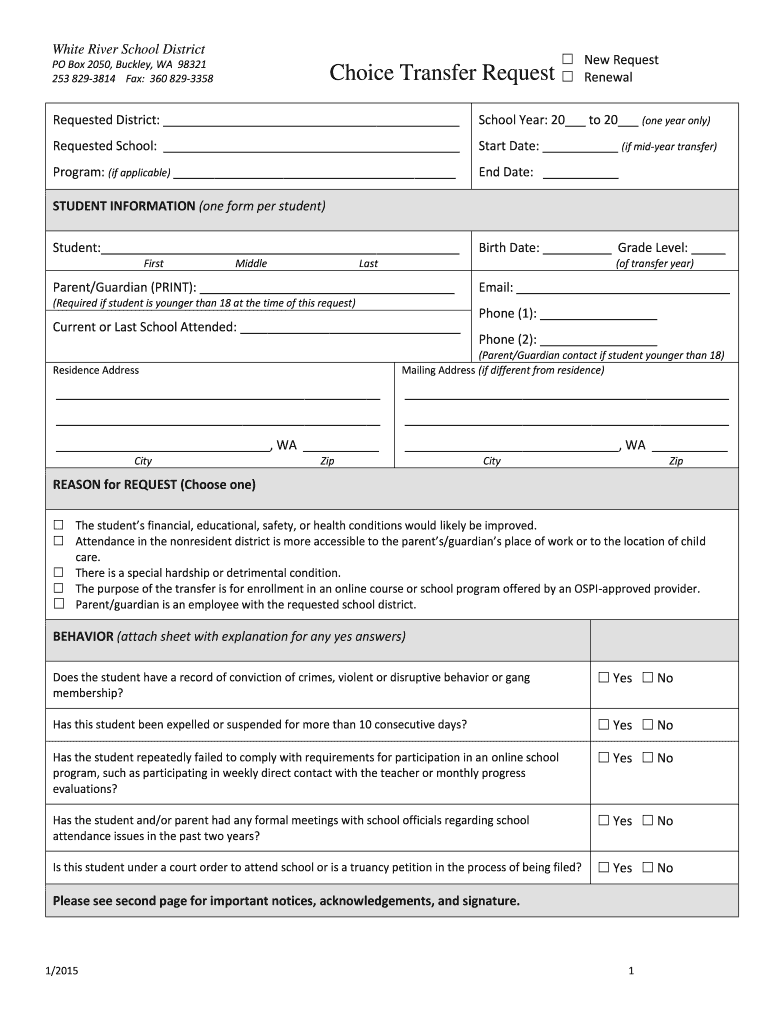  White River School District Choice Transfer Request Renewal 2015