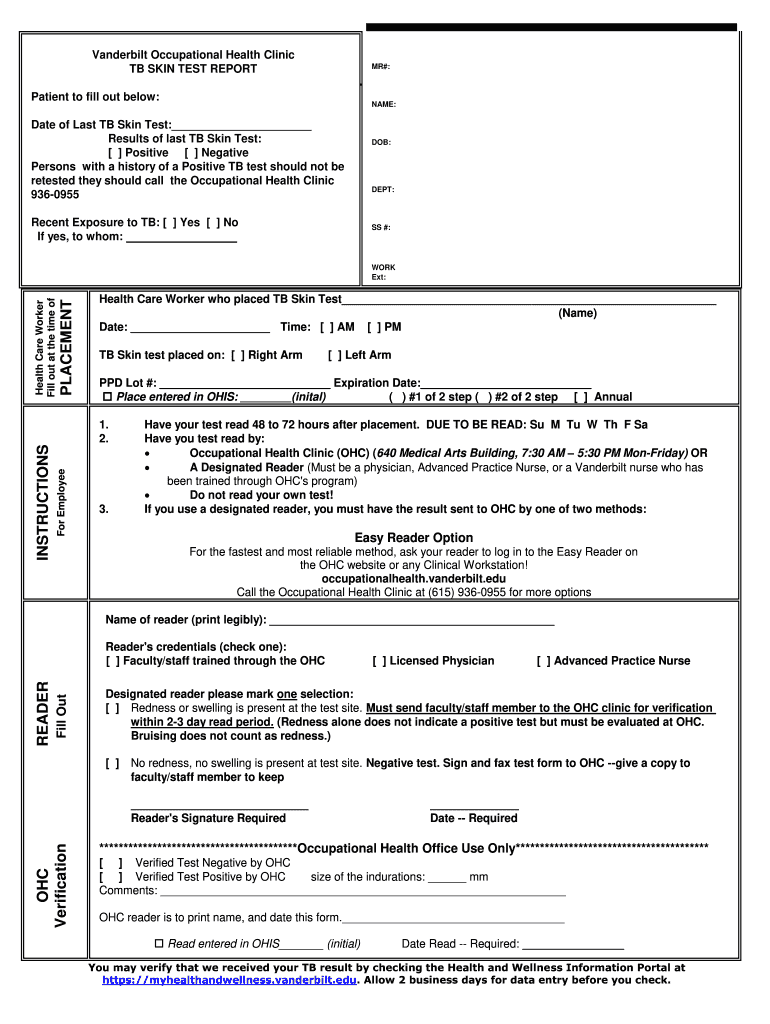 Vanderbilt Occupational Health Clinic TB SKIN TEST REPORT MR Healthandwellness Vanderbilt  Form