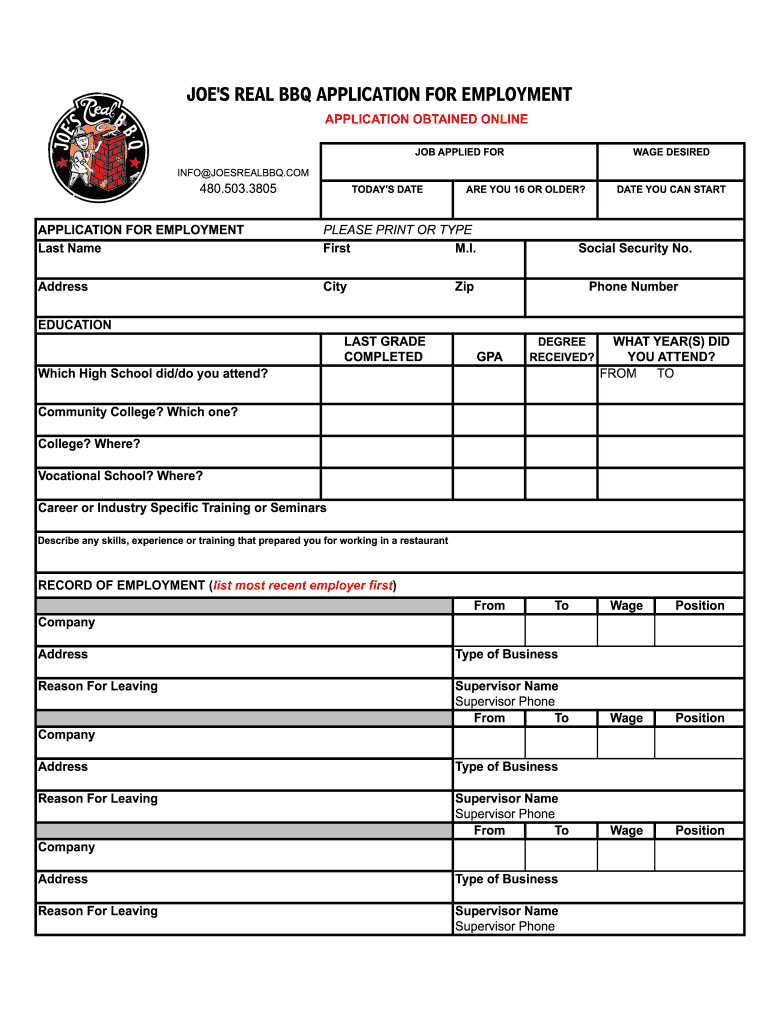 JOES REAL BBQ APPLICATION for EMPLOYMENT  Form