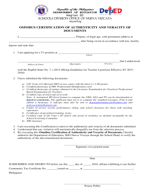 Sample of School&#039;s Omnibus Certificate of Compliance  Form