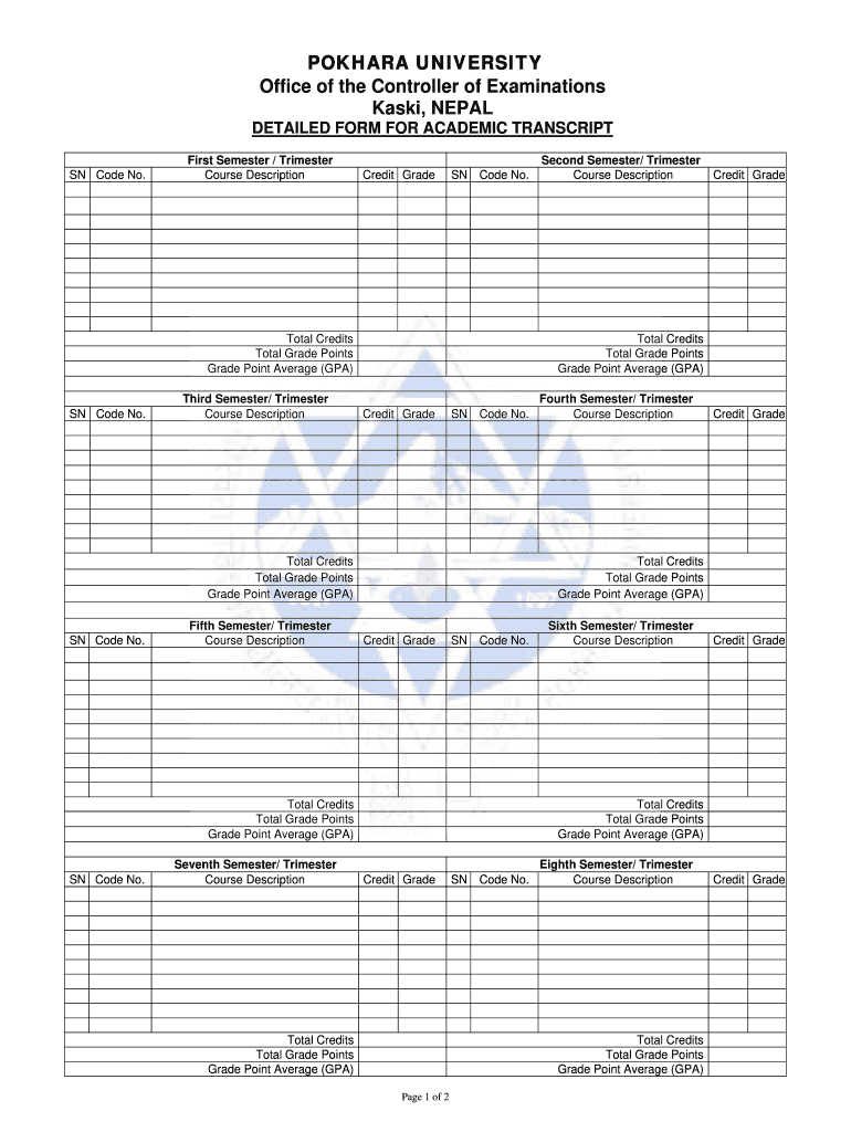 Pokhara University Transcript  Form