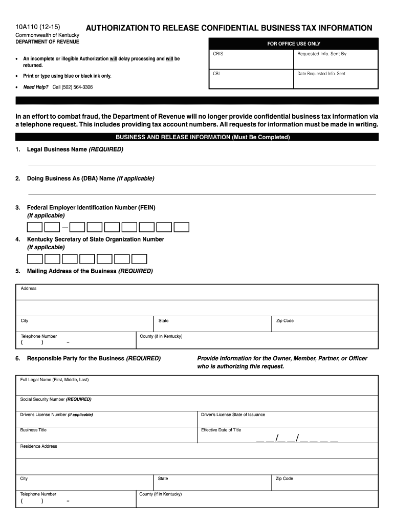  Bauthorizationb to Release Confidential Business Btax Informationb Revenue Ky 2015