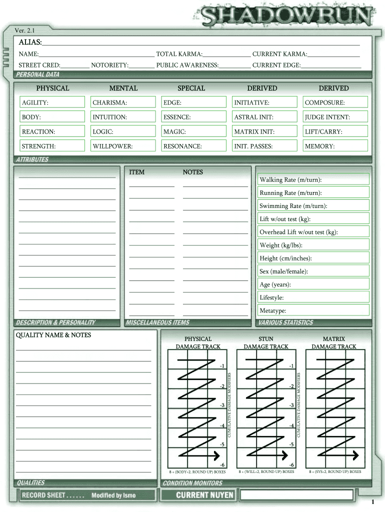 Shadowrun 4th Edition Character Sheet  Form