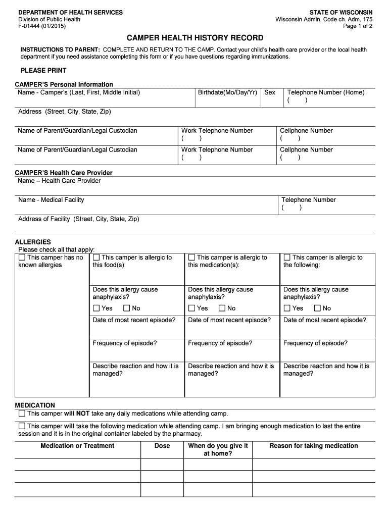  Camper Health History Record 2015