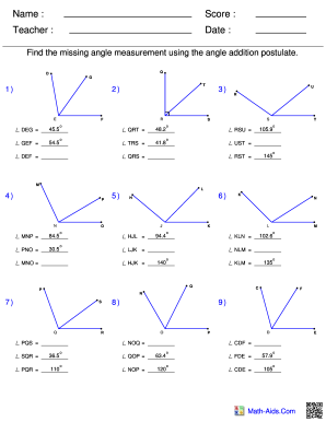 Find the Missing Angle Measurement Using the Angle Addition Postulate Worksheet Answers  Form