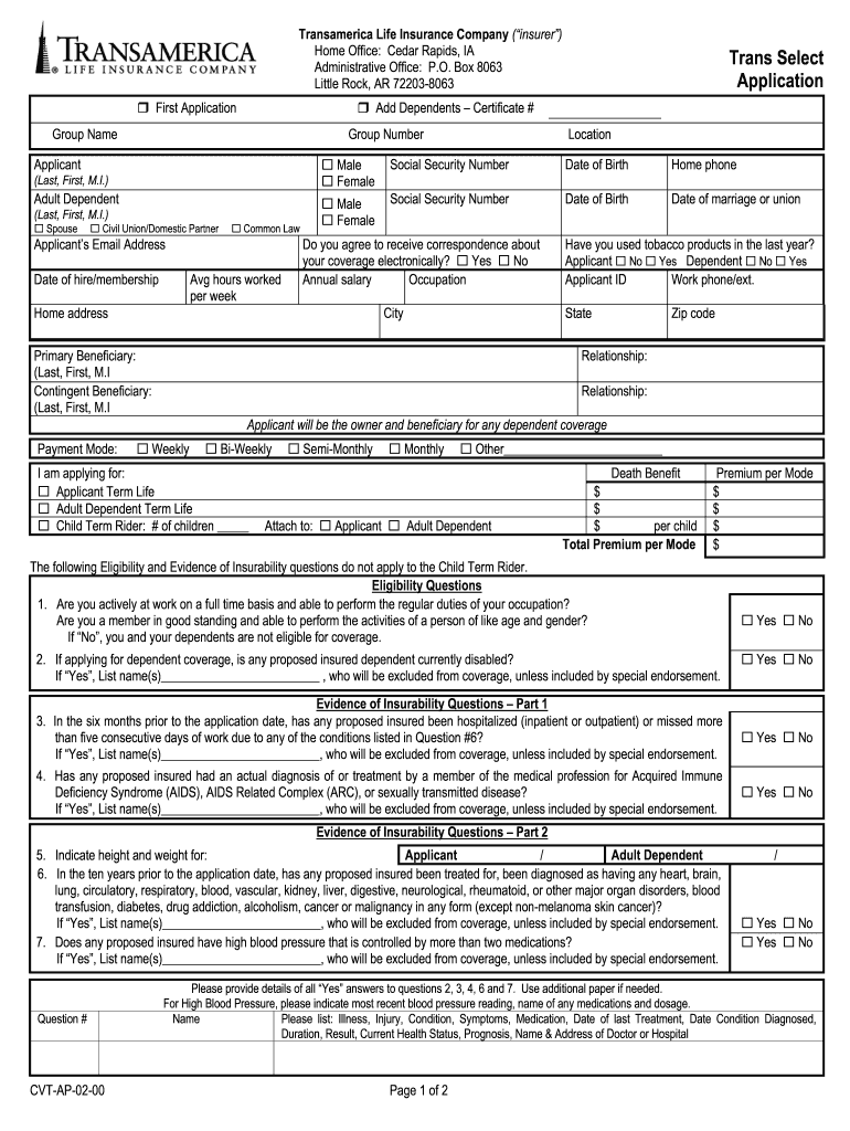 Transamerica Life Insurance Company Trans Select Application  Form