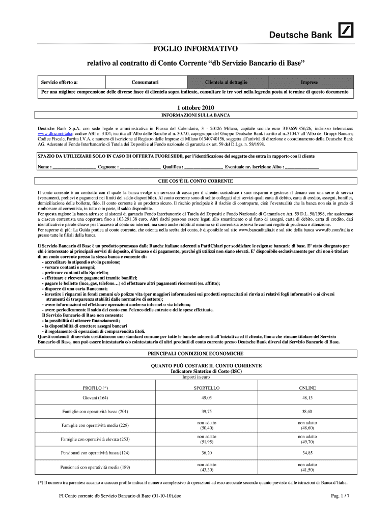 Relativo Al Contratto Di Conto Corrente Db Servizio Bancario Di Base  Dbonline Deutsche Bank  Form