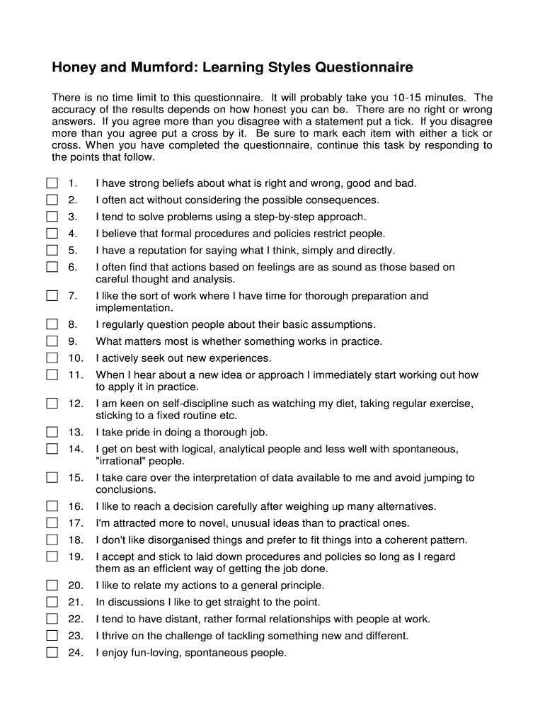 Honey and Mumford Learning Styles Questionnaire Word Document  Form