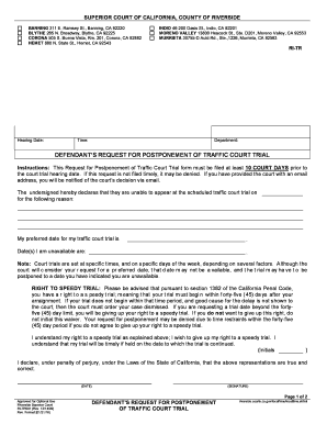 DEFENDANTS REQUEST for POSTPONEMENT of TRAFFIC COURT TRIAL Riverside Courts Ca  Form