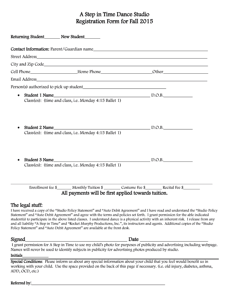 A Step in Time Dance Studio Registration Form 20151pdf Astepintime