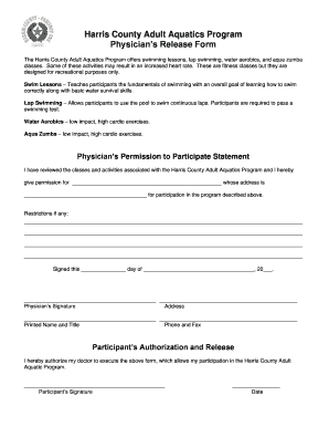 Harris County Adult Aquatics Program Physicians Release Form Hcp1