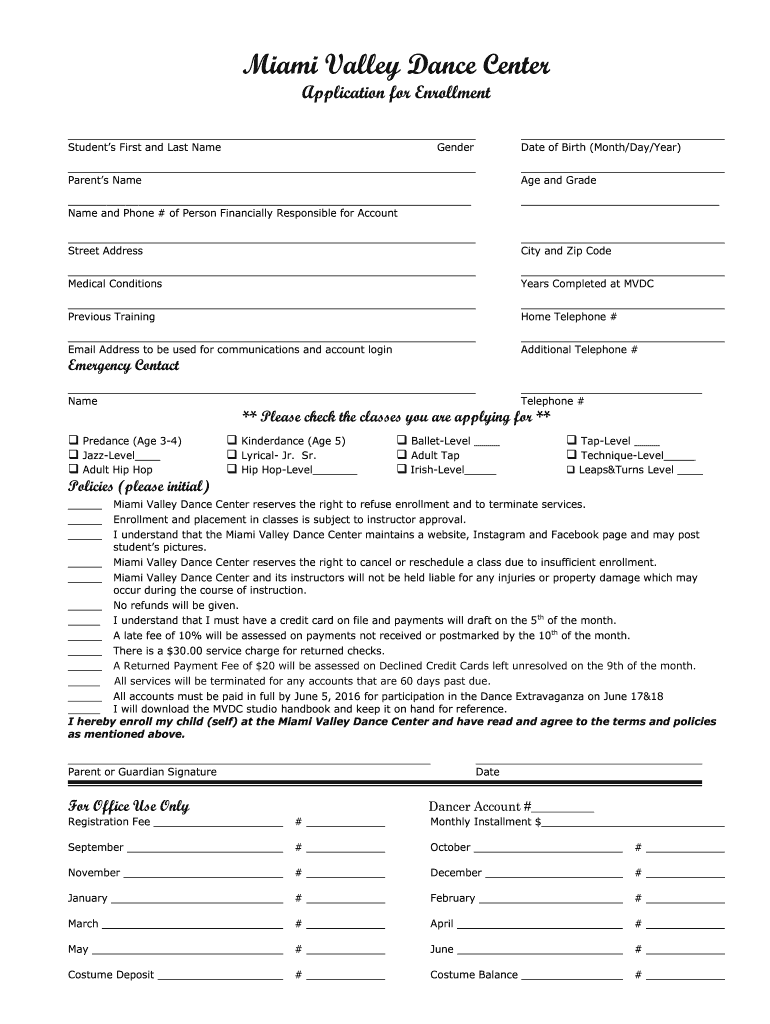  Enrollment Form Miami Valley Dance Center 2016-2024