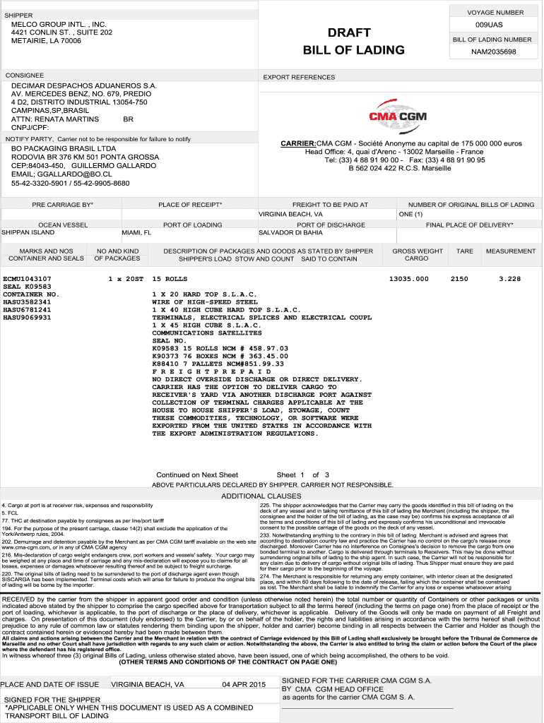 Cma Cgm Bill of Lading  Form