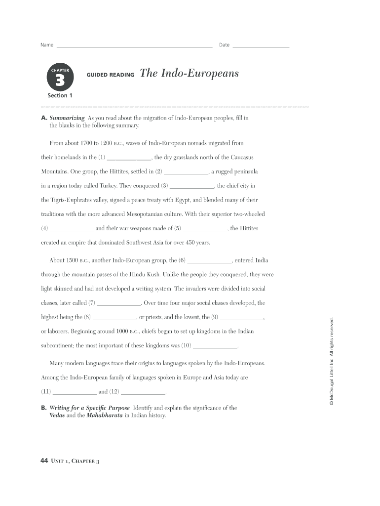 Chapter 3 Section 1 Guided Reading the Indo Europeans Answer Key  Form