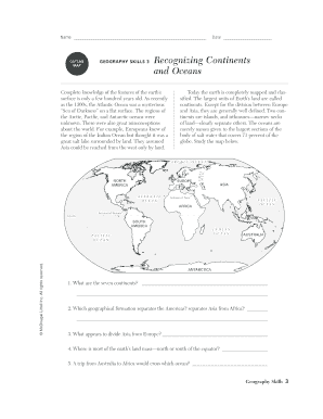 Geography Skills 3 Recognizing Continents and Oceans Answer Key  Form