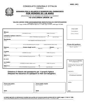 6C CONSOLATO GENERALE DITALIA TORONTO DOMANDA PER IL RILASCIO O RINNOVO DEL PASSAPORTO PER MINORI DI 18 ANNI APPLICATION for the  Form