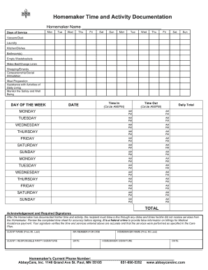 Homemaker Time and Activity Documentation AbbeyCare Inc  Form