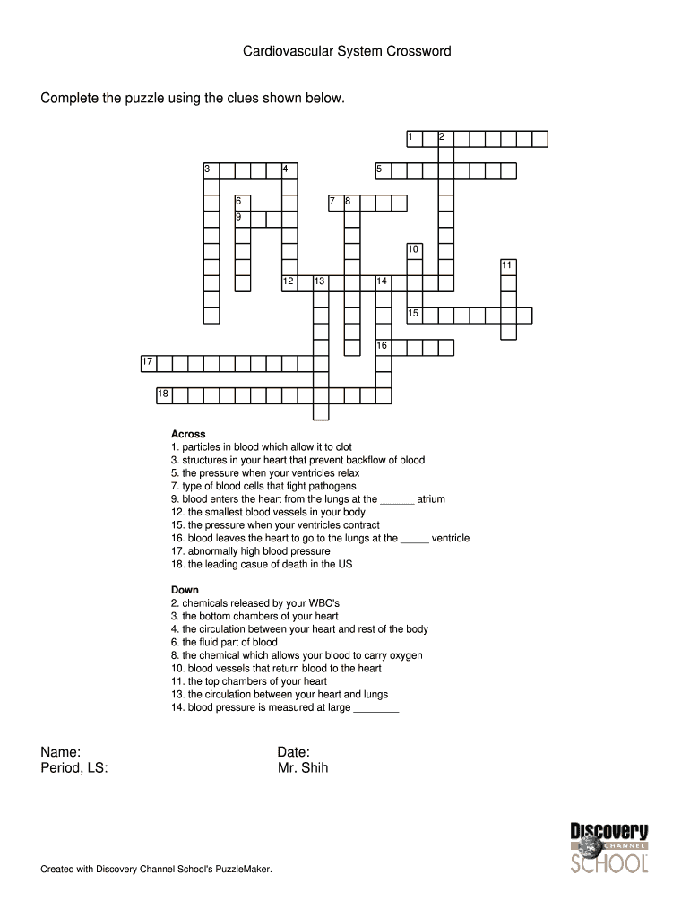 Cardiovascular System Crossword Puzzle  Form