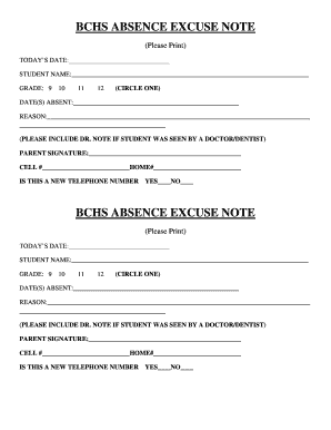 Absence Excuse Note  Form