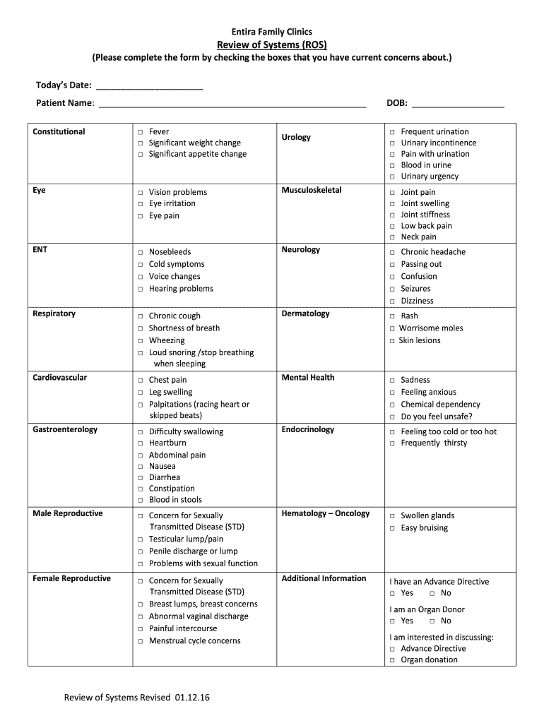  Entira Family Clinics Review of Systems ROS Please 2016-2024