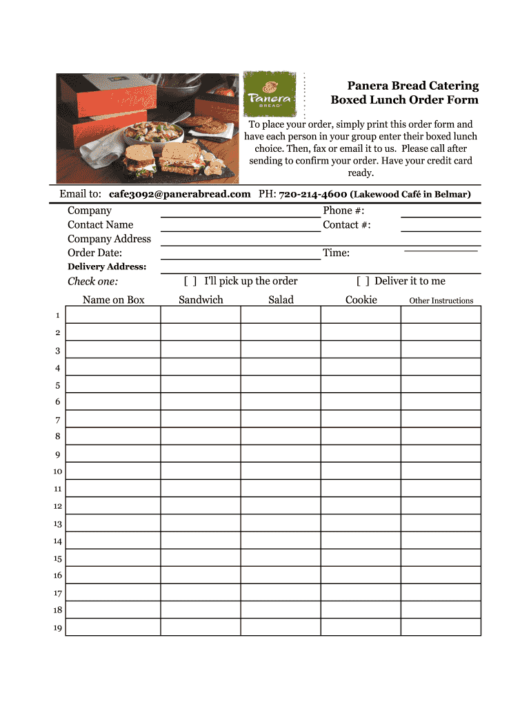 Panera Bread Boxed Lunch Menu PDF  Form
