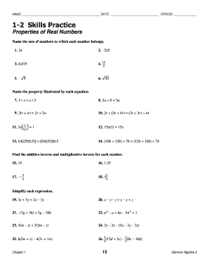 1 2 Skills Practice Properties of Real Numbers  Form