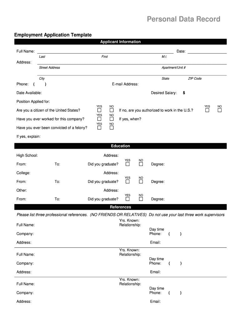 Employment Application Template PDF  Form