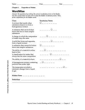 Chapter 2 Properties of Matter Wordwise Answer Key  Form