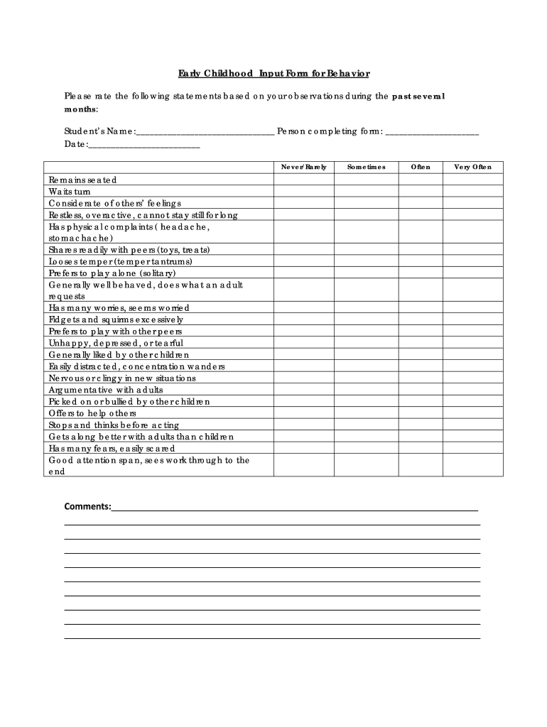 Early Childhood Input Form for Behavior