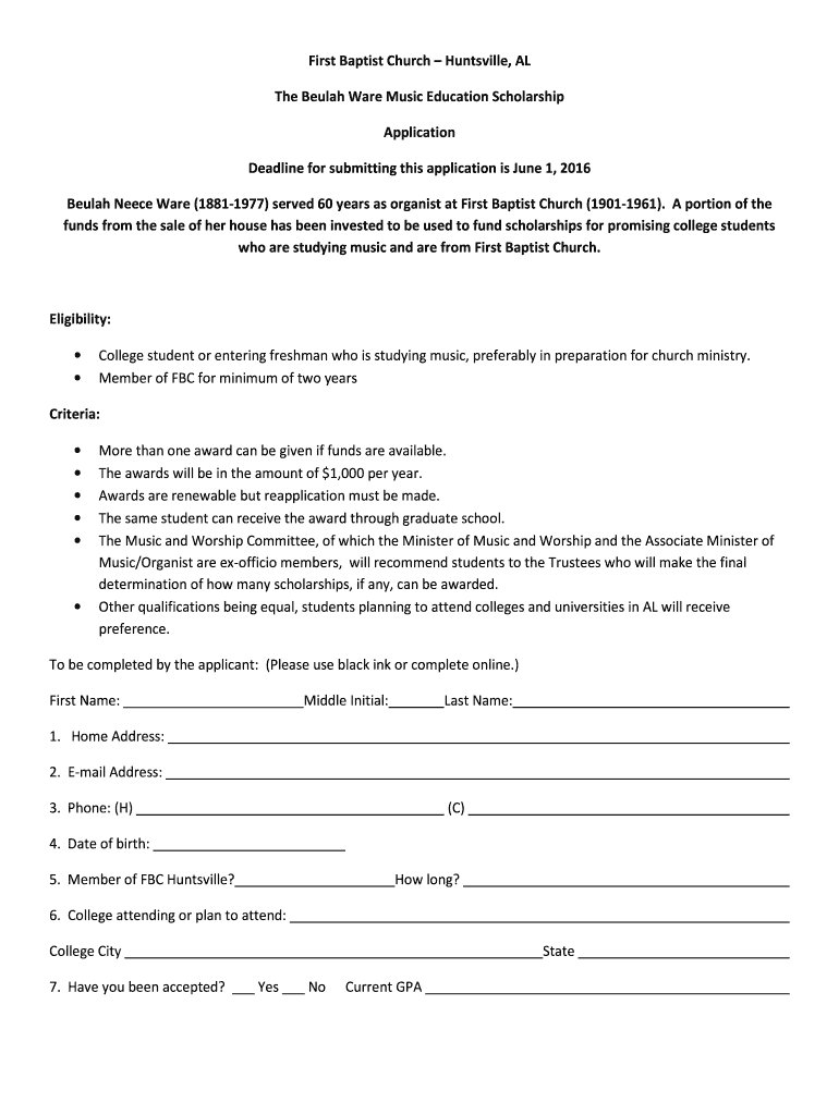 Music and Worship Beulah Ware Scholarship Application 2 Fbchsv  Form